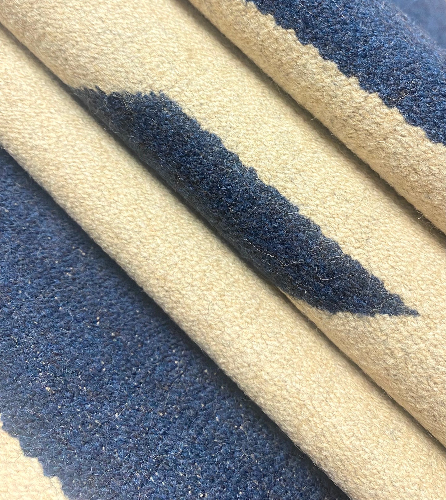 1.5 Yard Telluride Beige Navy Blue Stripe Geometric Wool Upholstery Fabric STA 5150